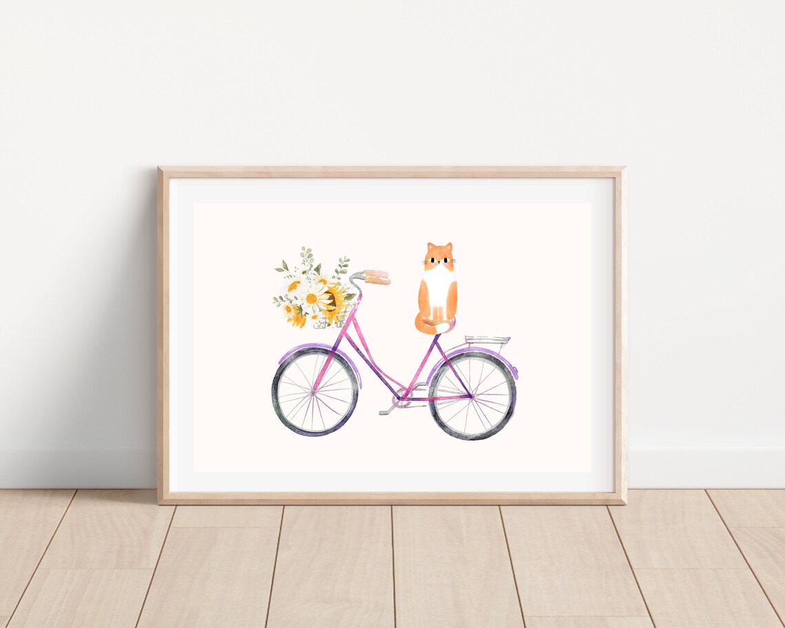 Watercolor Cat on Bicycle, Boho Floral Art Print