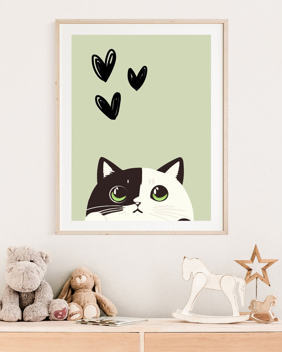 Peekaboo Cat Green Eyes Hearts Cute Cartoon Kitten Nursery Wall Poster - Image 3
