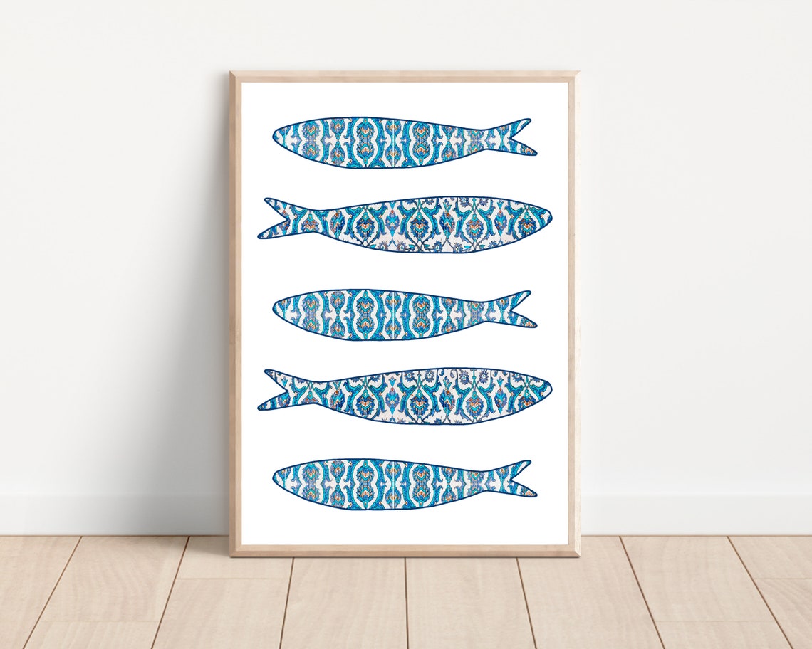 Portuguese Sardine Tile Art Print, Boho Kitchen Decor