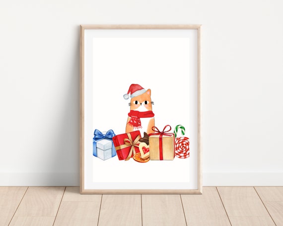 Cute Christmas Cat and Presents Christmas Art Print