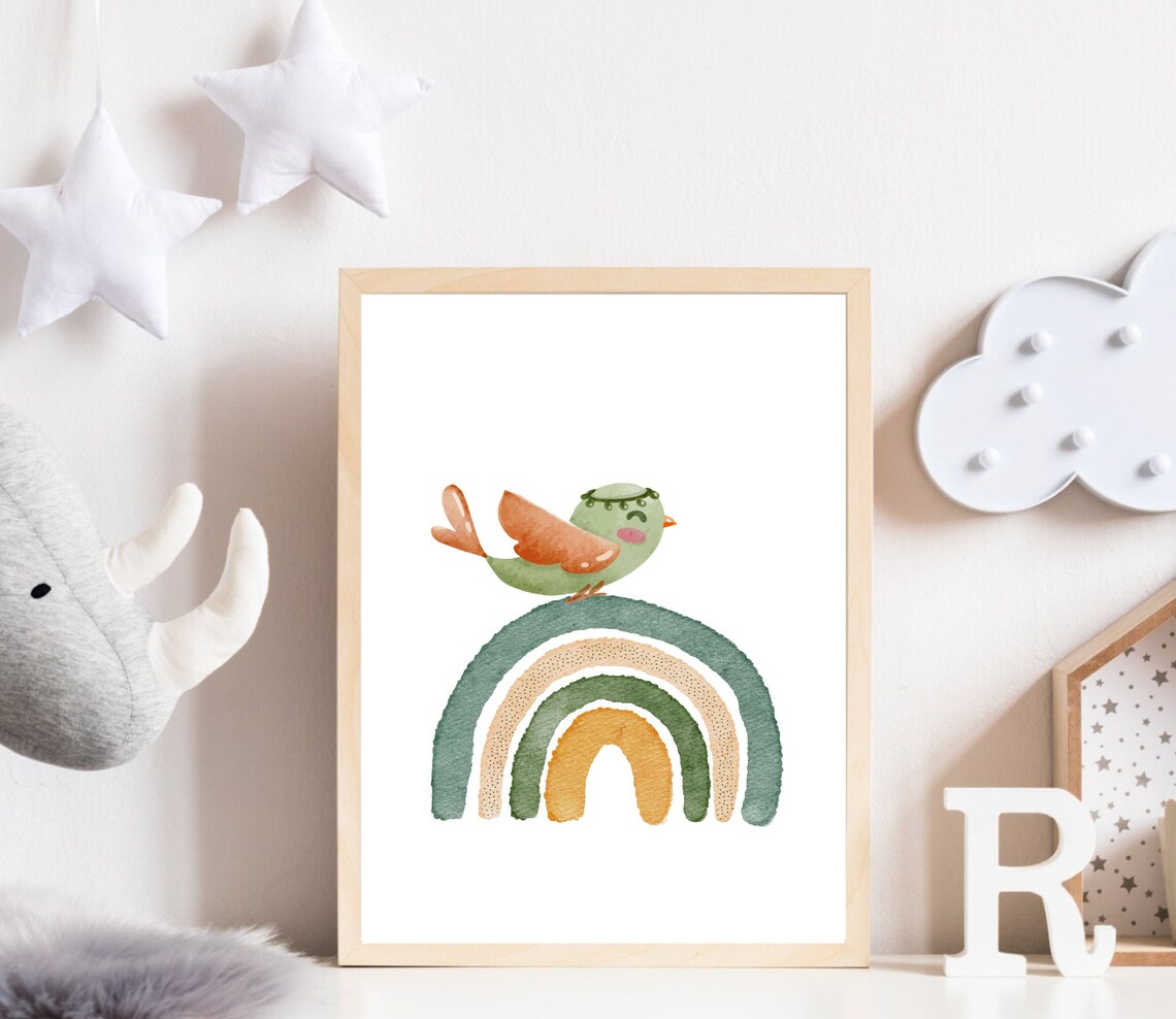 Green Little Bird and Rainbow Nursery Art Print - Image 2