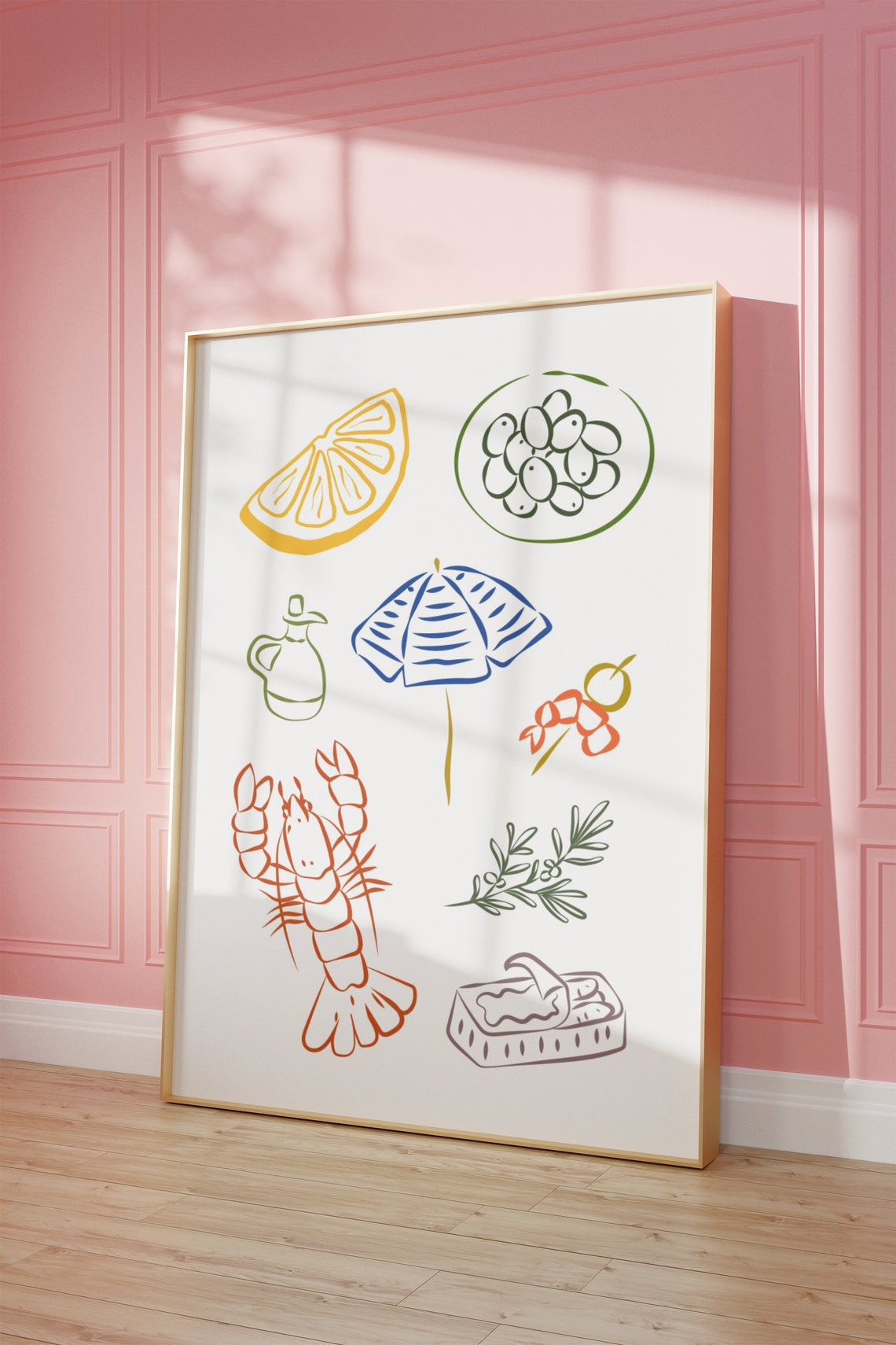 Mediterranean Food Fine Line Art Lemon Lobster Olive Kitchen Poster - Image 2