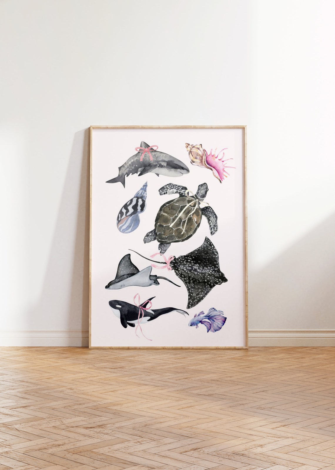 Cute Shark Turtle Orca Watercolor Bow Vertical Coastal Wall Art