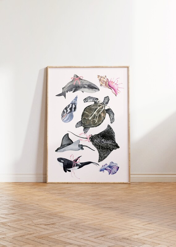 Coquette Sea Animal Bow Watercolor Print Coastal Aesthetic Summer Turtle Pink Bow Poster Shark Shell Wall Art Trendy Funky Cute Beach Print