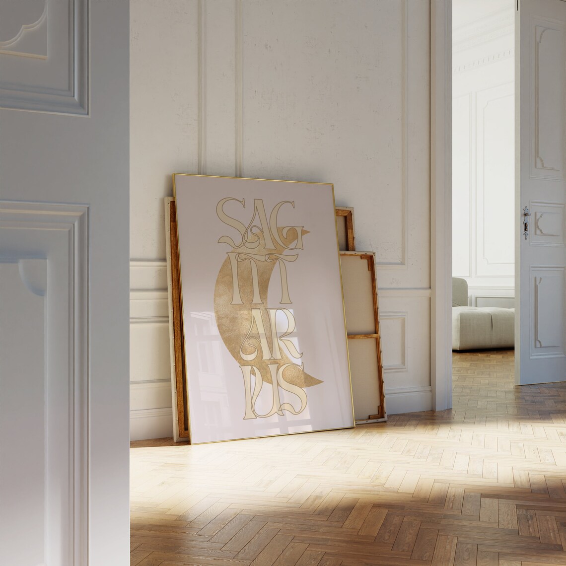 Sagittarius Gold Crescent Moon Art Nouveau Blush Pink Zodiac Typography Poster - Image 3