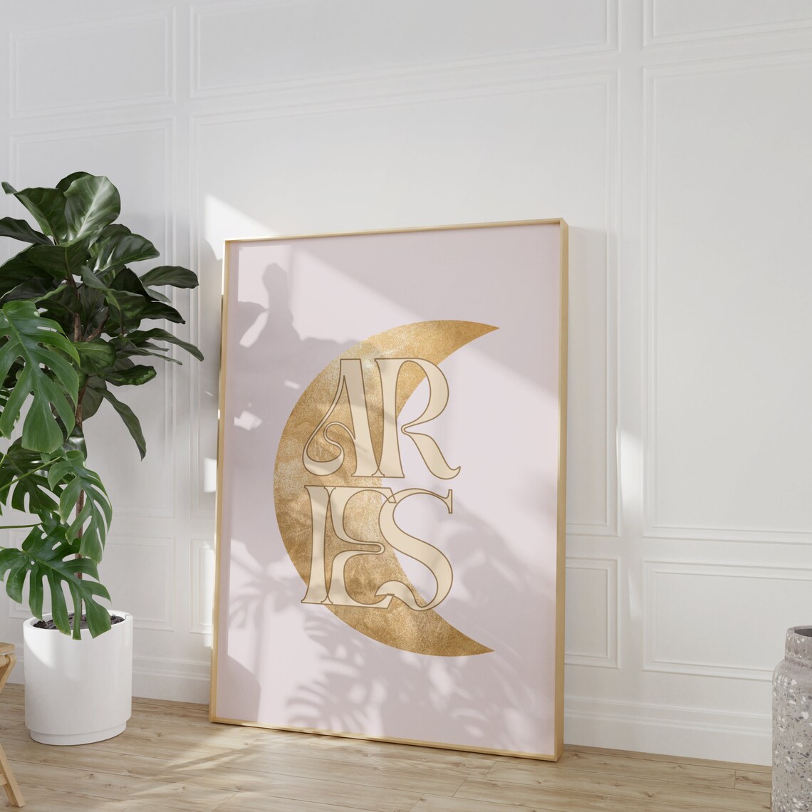 Aries Gold Crescent Moon Art Nouveau Blush Pink Zodiac Typography Poster - Image 4