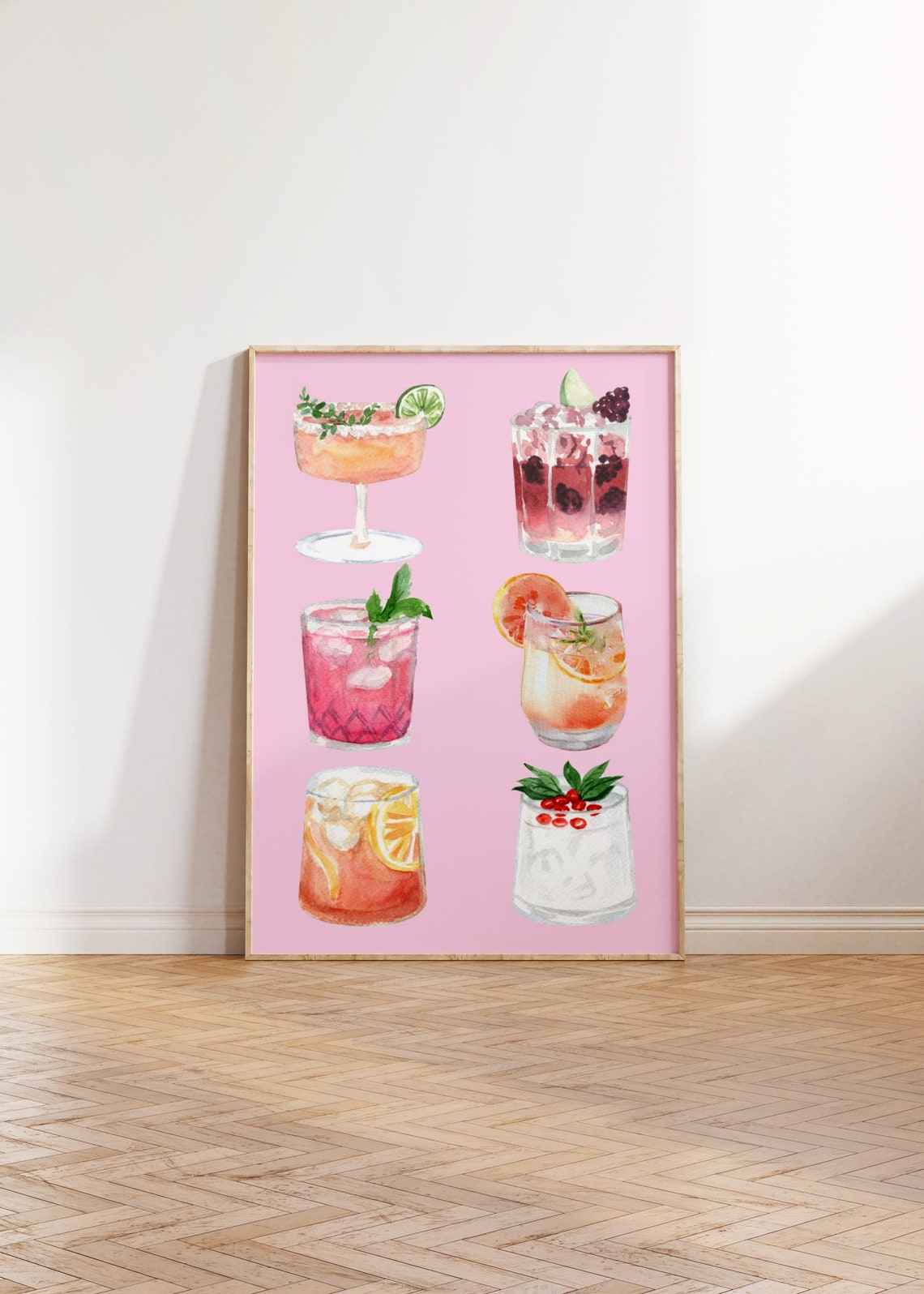 Pink Cute Watercolor Cocktail Collage Girly Bar Cart Wall Art