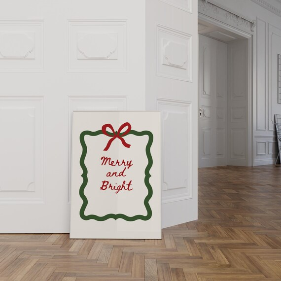 Coquette Christmas Bow Print Merry And Bright Trendy Winter Poster Minimalist Red Green Bow Christmas Quote Wall Art Cute Cozy Print