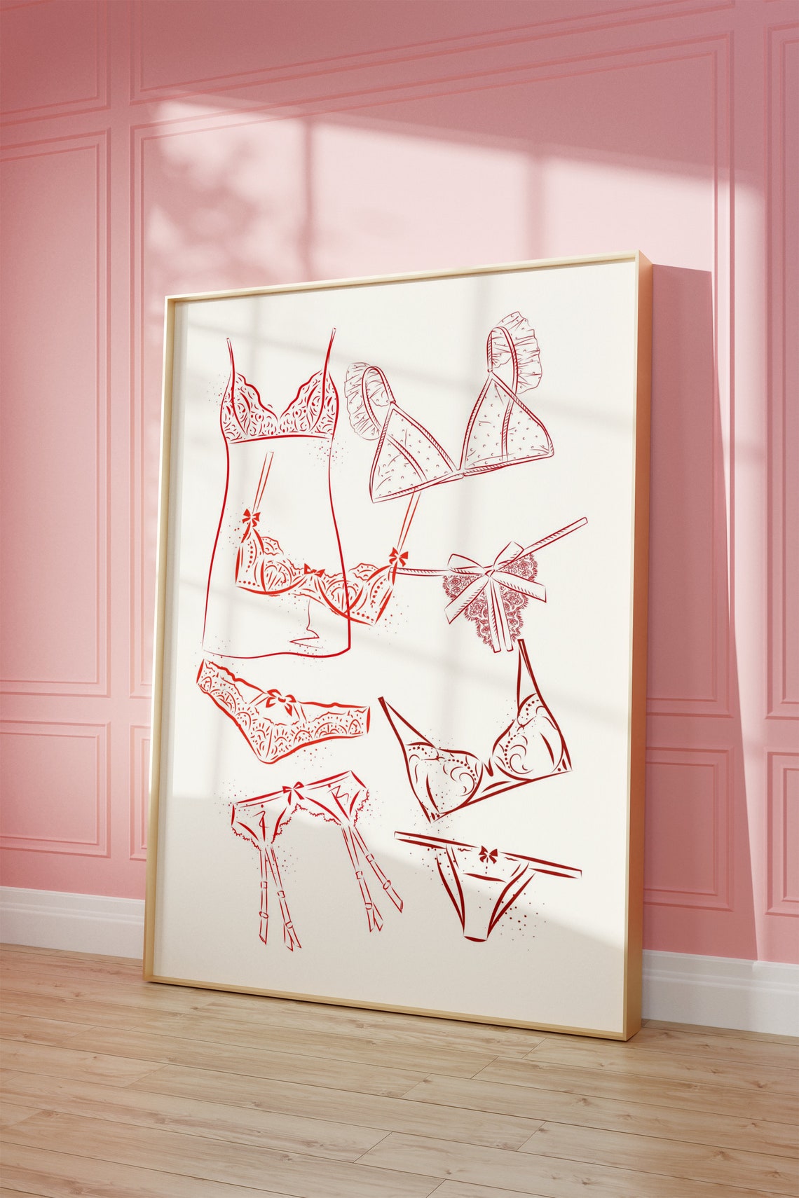 Red Lingerie Line Art Coquette Sleepwear Sketch Romantic Red Poster - Image 3