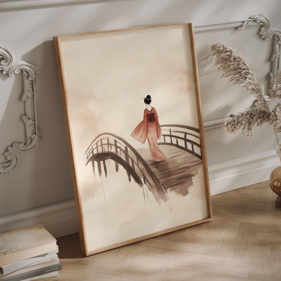 Geisha on Wooden Bridge, Japandi Japanese Art Print - Image 3