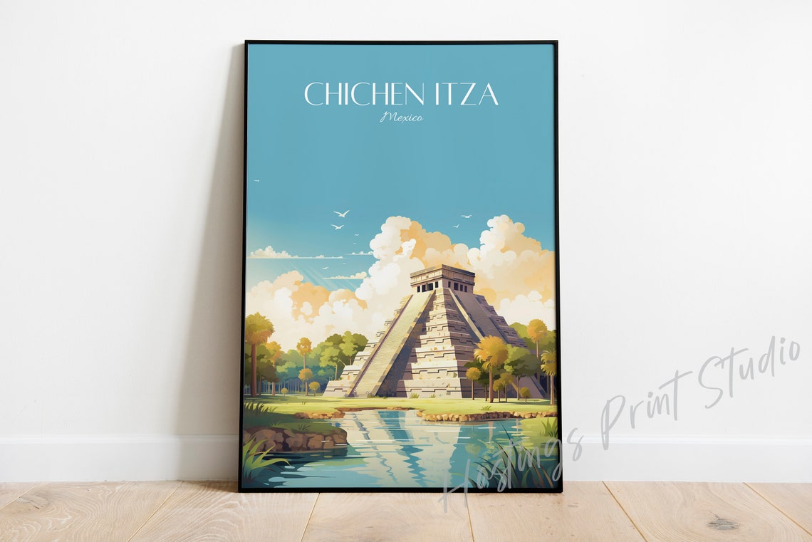 Chichen Itza Mexico Mayan Step Pyramid Vintage Travel Poster Art