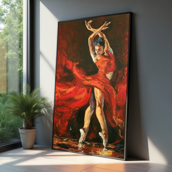 Dynamic Ballerina Dance Pose Canvas Red Flowing Dress Art Abstract Ballet Wall Modern Dancer Ready To Hang Home Decor