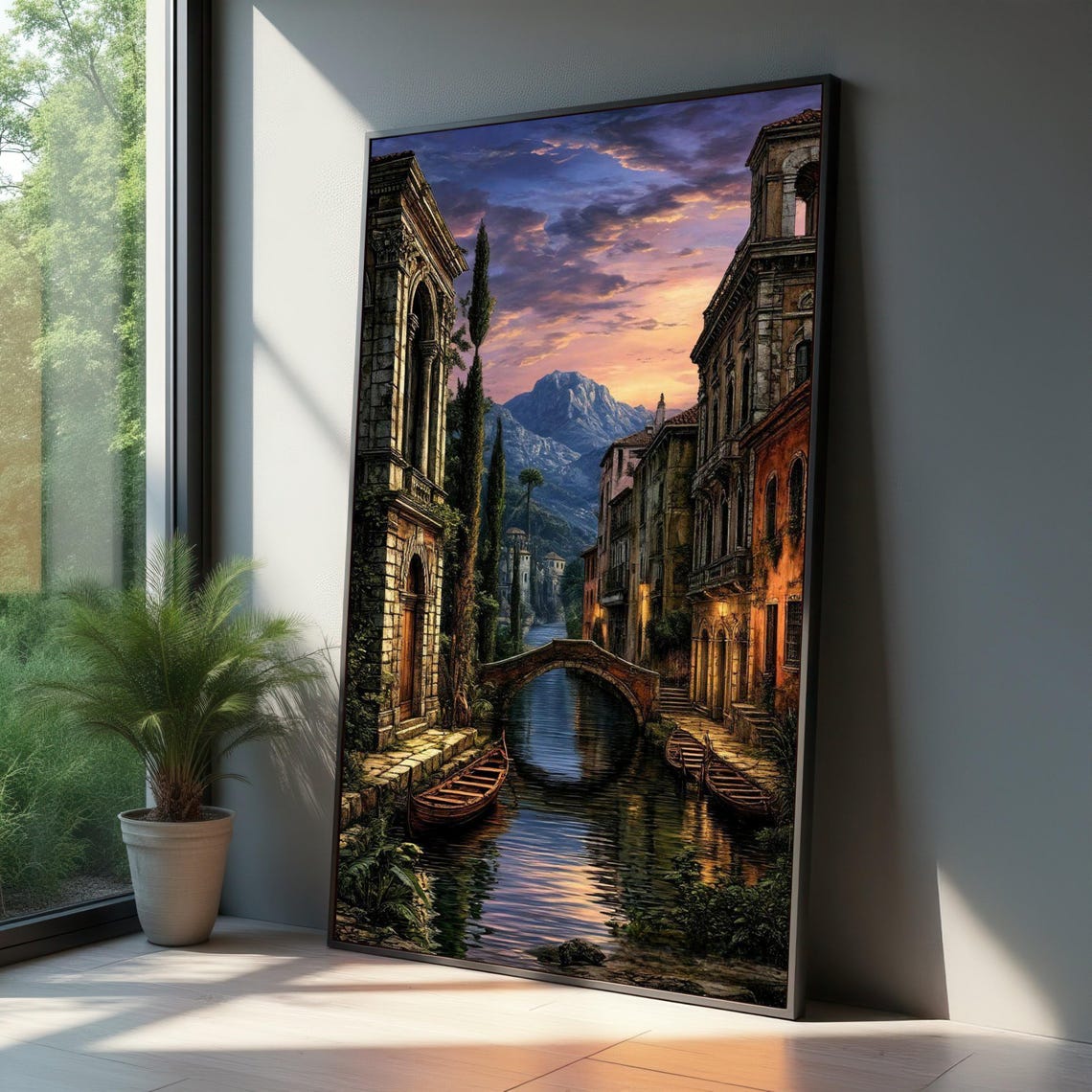 Romantic Venetian Canal Sunset Stone Bridge Evening Wall Art
