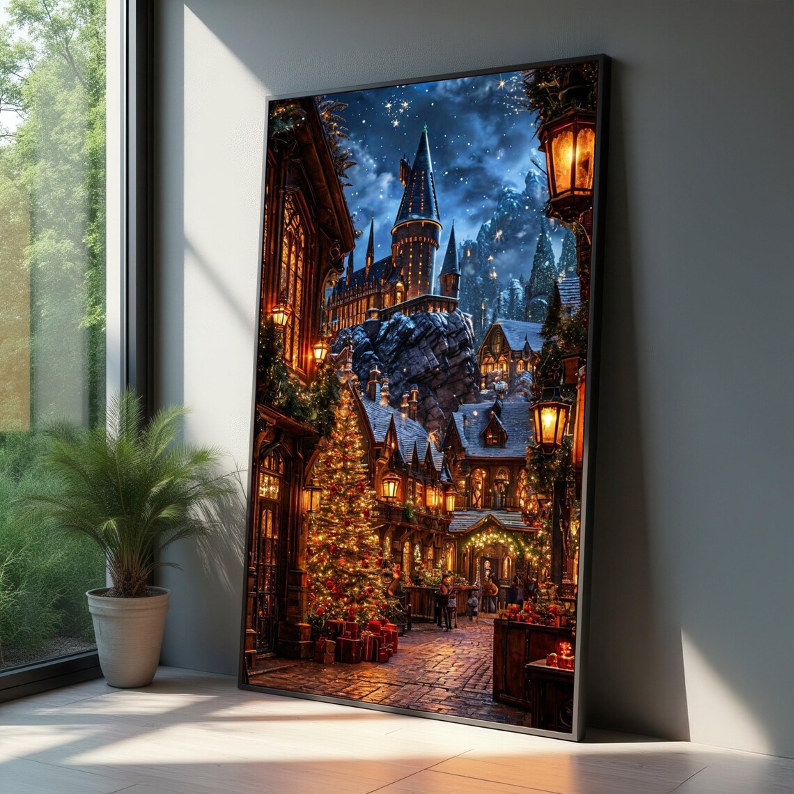 Cozy Christmas Village Street, Holiday Art Print