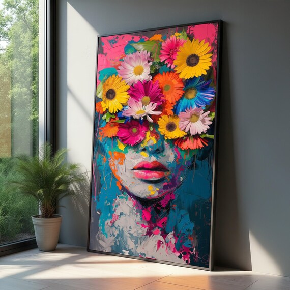 Bold Colorful Woman Portrait Flower Face Pop Art Floral Poster
