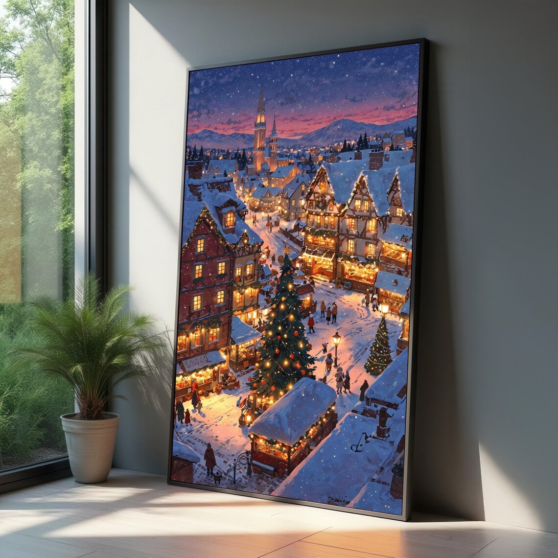 Snowy Christmas Market Village Warm Holiday Lights Night Poster
