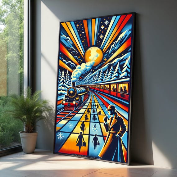 Retro Steam Train Canvas Wall Art Vintage Travel Scene Abstract Winter Landscape Colorful Station Decor Modern Pop
