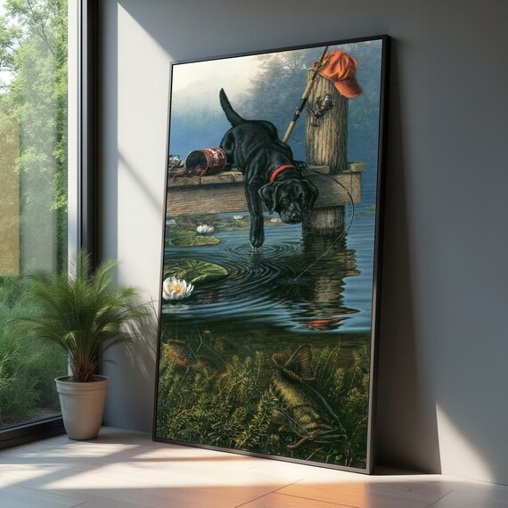 Curious Black Labrador On Dock Canvas Fishing Scene Wall Art Lake Nature Decor Outdoor Animal Water Lilies And Fish Illustration