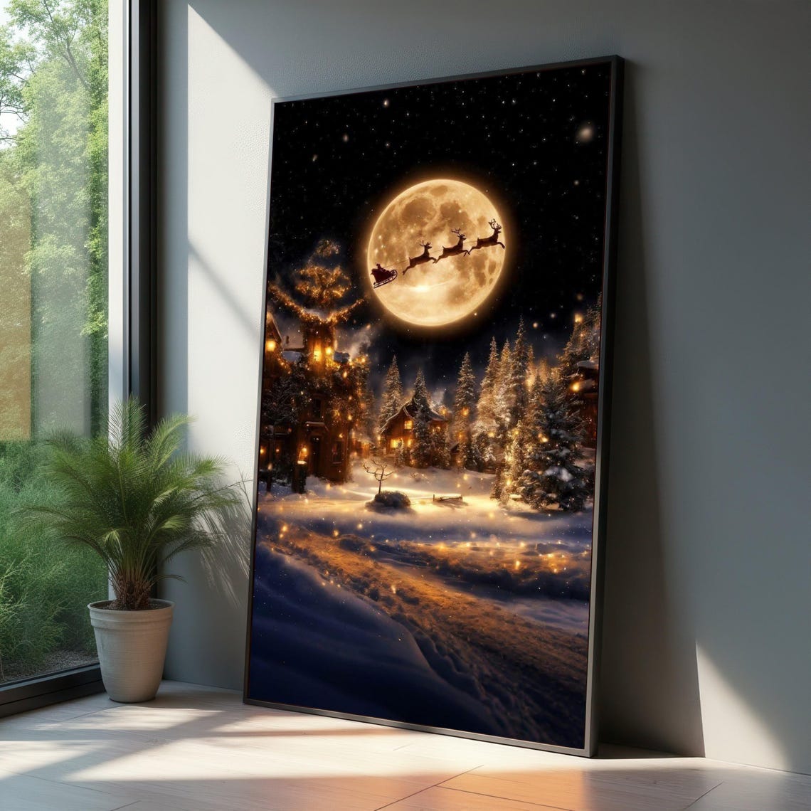 Santa Sleigh Reindeer Flying Across Full Moon Snowy Night Poster