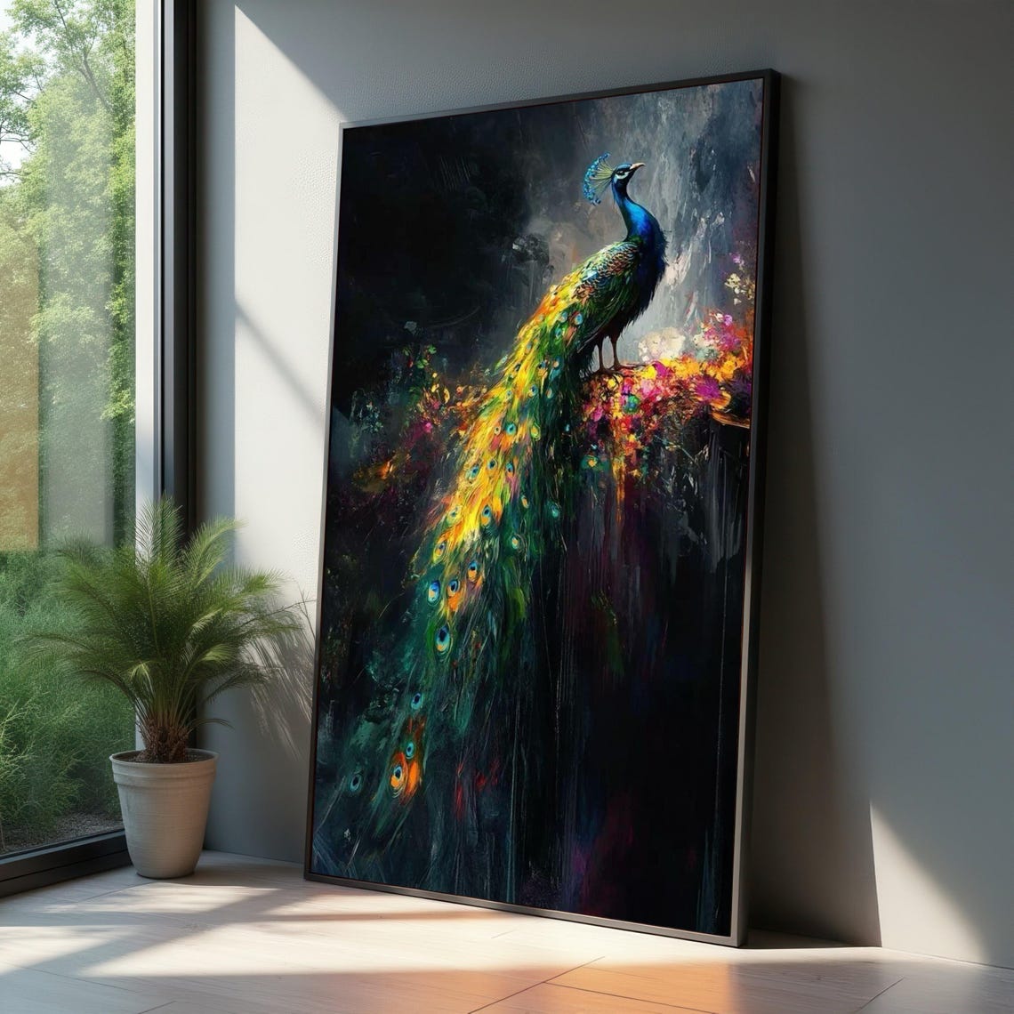 Vibrant Peacock Feathered Tail Colorful Oil Painting Bird Poster