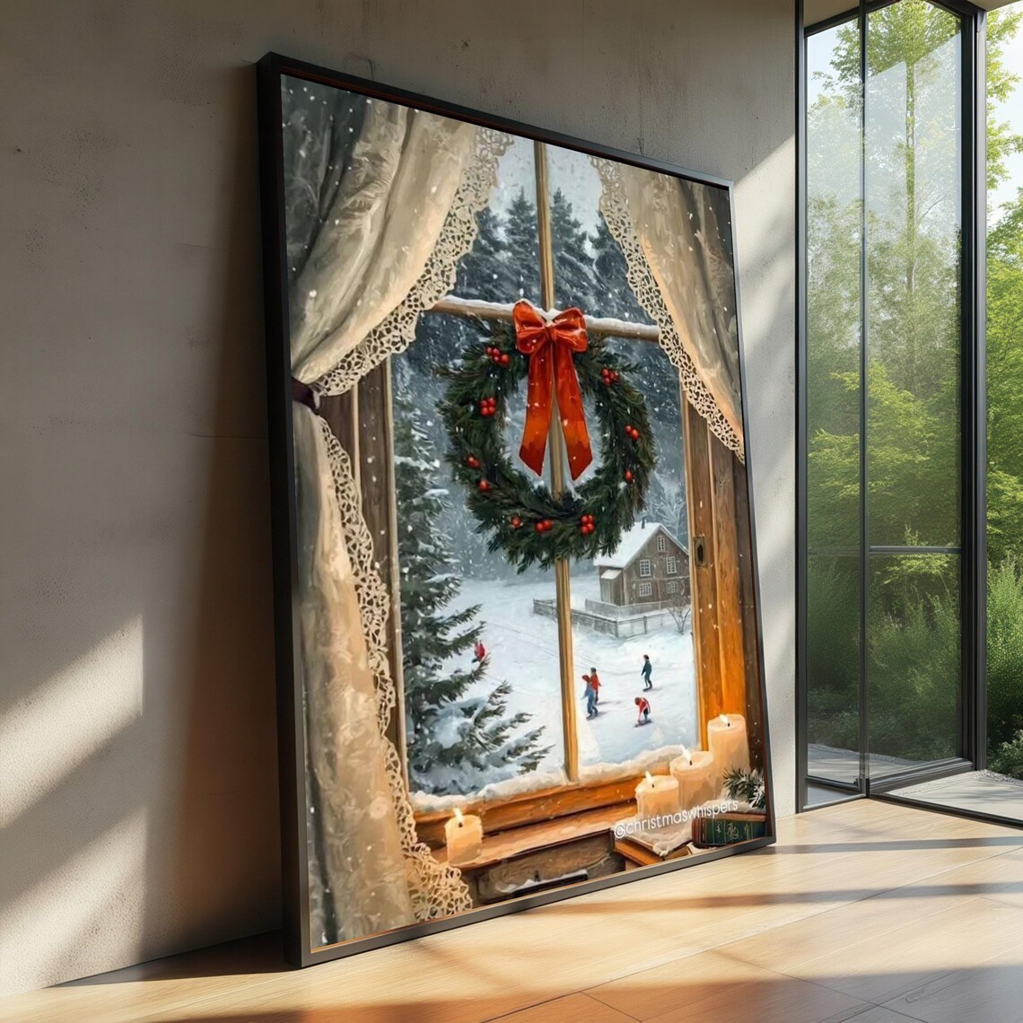 Cozy Winter Window Scene, Festive Candlelight Print