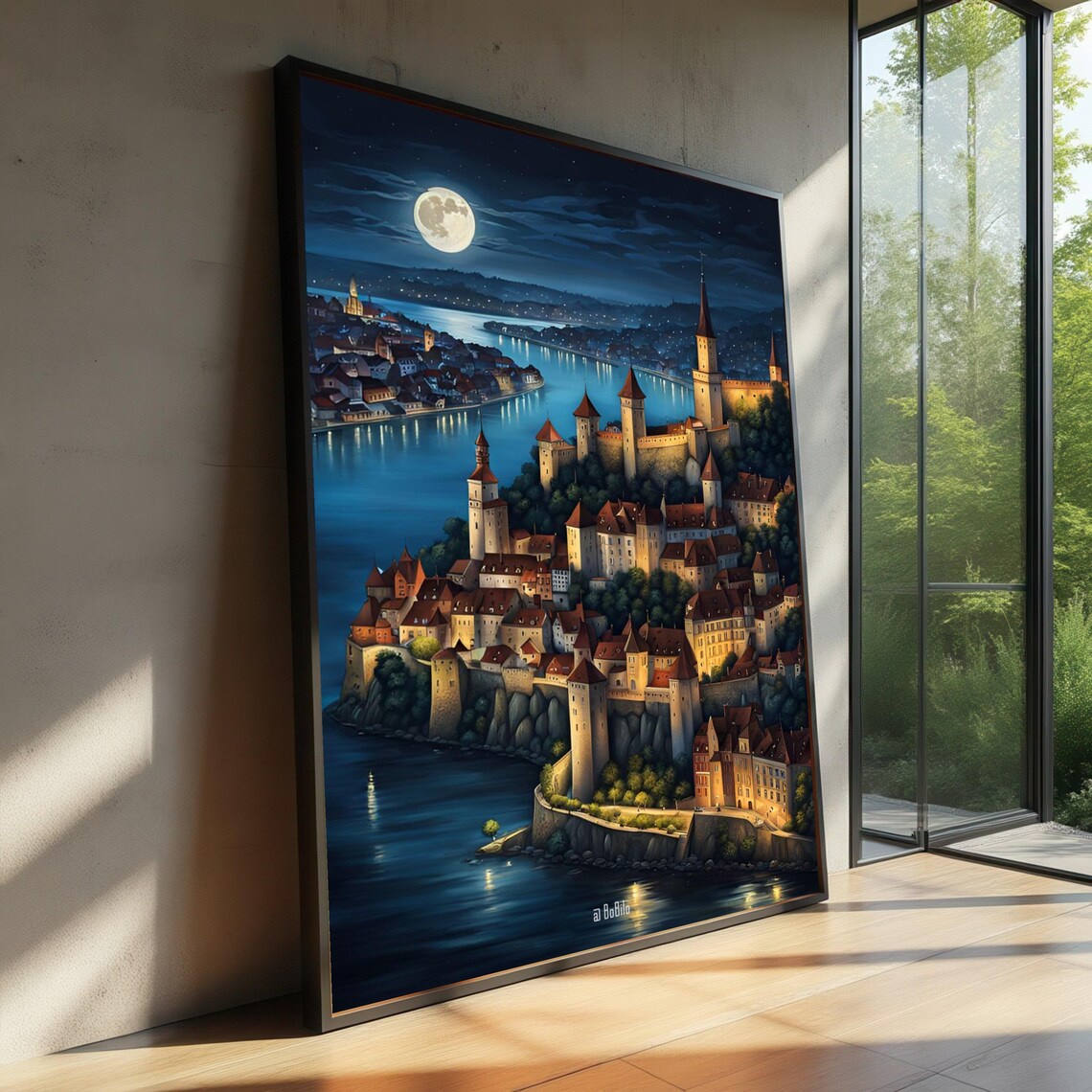 Moonlit Medieval Castle Poster, Nighttime River Landscape