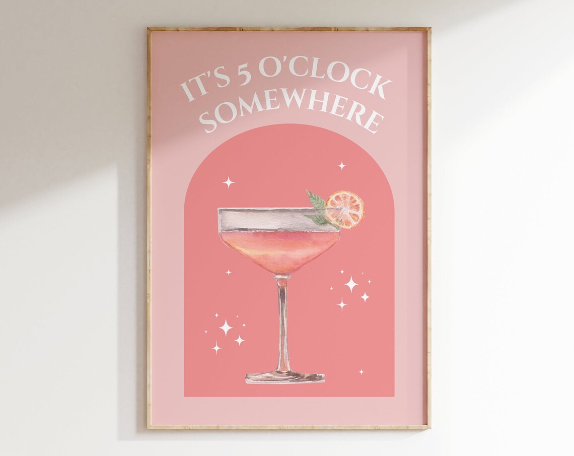 Blush Pink Bar Cart Cocktail Poster, Minimalist Watercolor