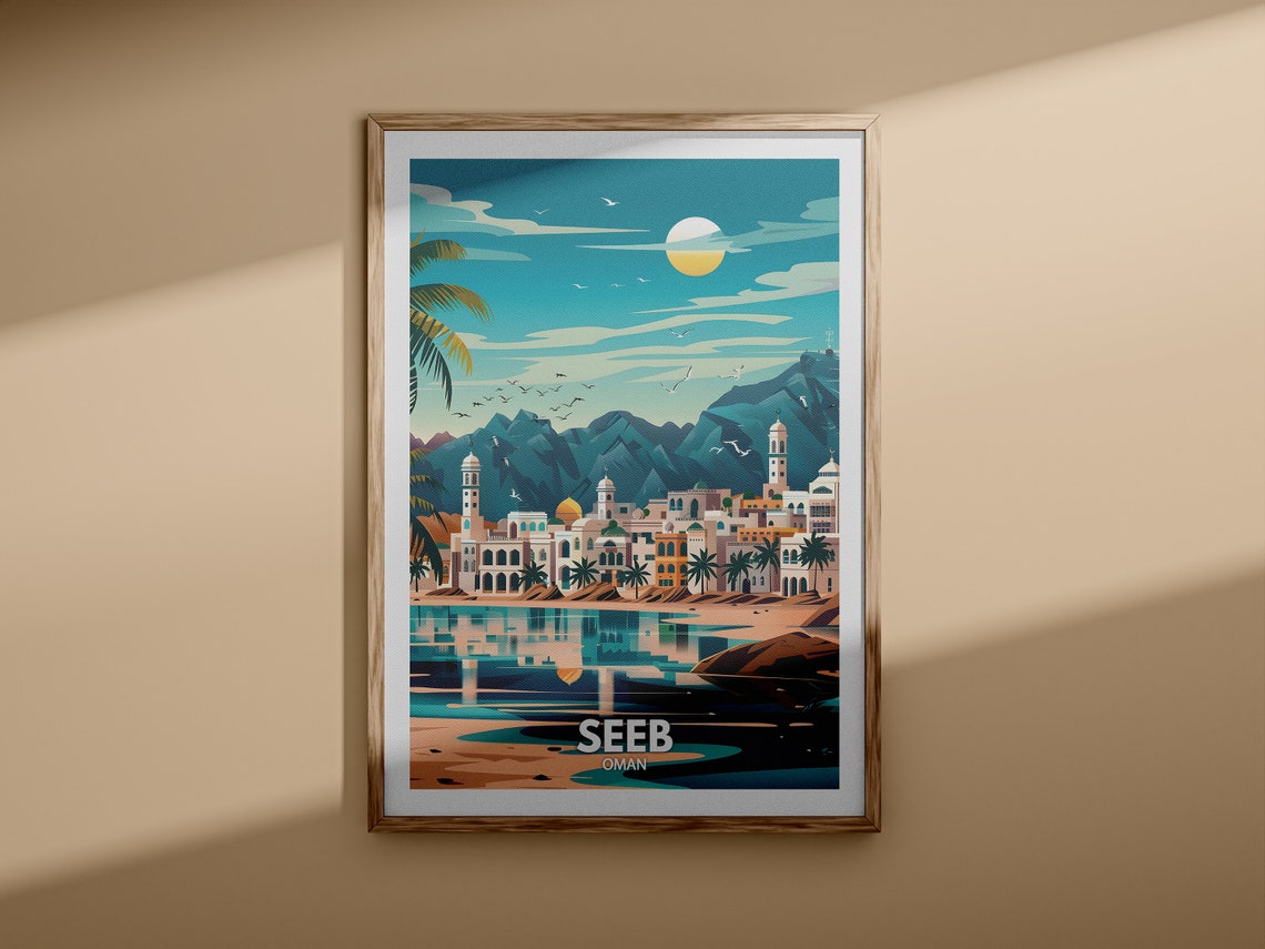 Seeb Oman Coastal Town Mountains Moonrise Vintage Travel Poster - Image 3