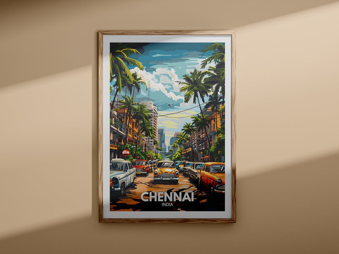 Chennai India Street Classic Taxis Palm Trees Vintage Travel Poster - Image 3