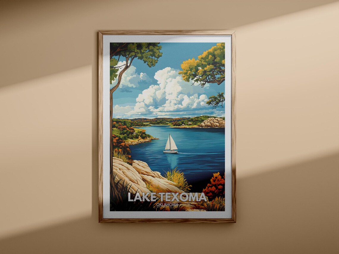Lake Texoma Oklahoma Sailboat Rocky Shore Vintage Travel Poster - Image 3