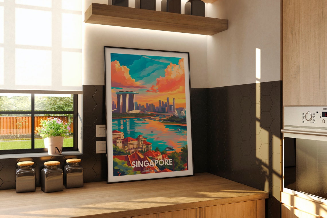 Singapore Marina Bay Sands Sunset Skyline Illustration Travel Poster - Image 2