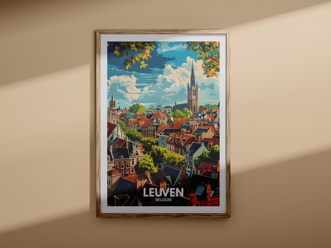 Leuven Belgium Historic Rooftops Church Spire Vintage Travel Poster - Image 3
