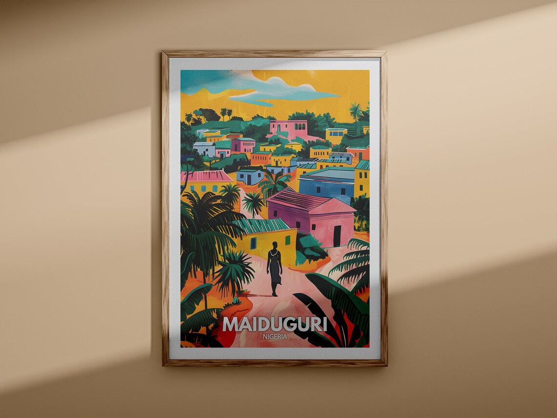 Maiduguri Nigeria Travel Poster Colorful Village Palm Trees Figures Art - Image 3