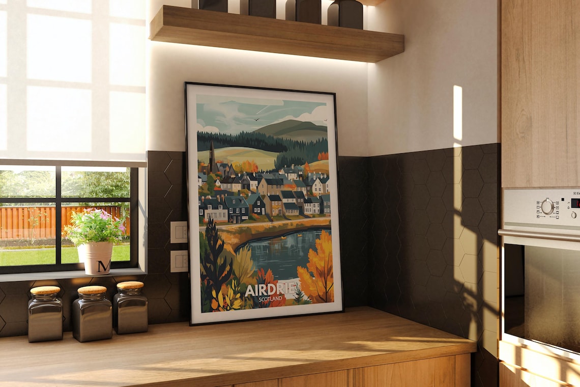 Airdrie Scotland Autumn Village Pond Hills Scenic Vintage Travel Poster - Image 2