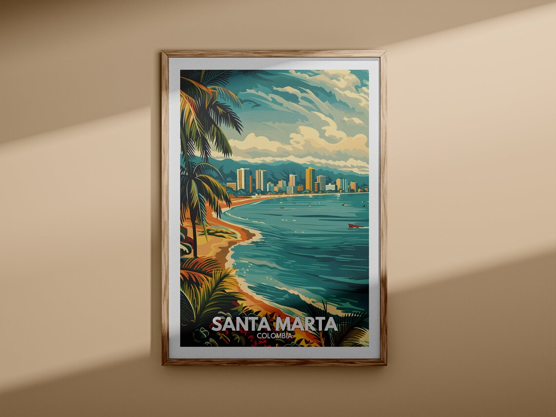 Santa Marta Colombia Tropical Beach City Skyline Travel Poster - Image 3