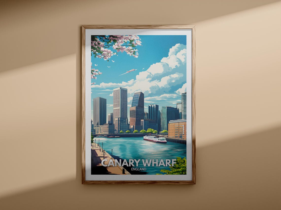 Canary Wharf England London Skyline River Spring Travel Poster - Image 3