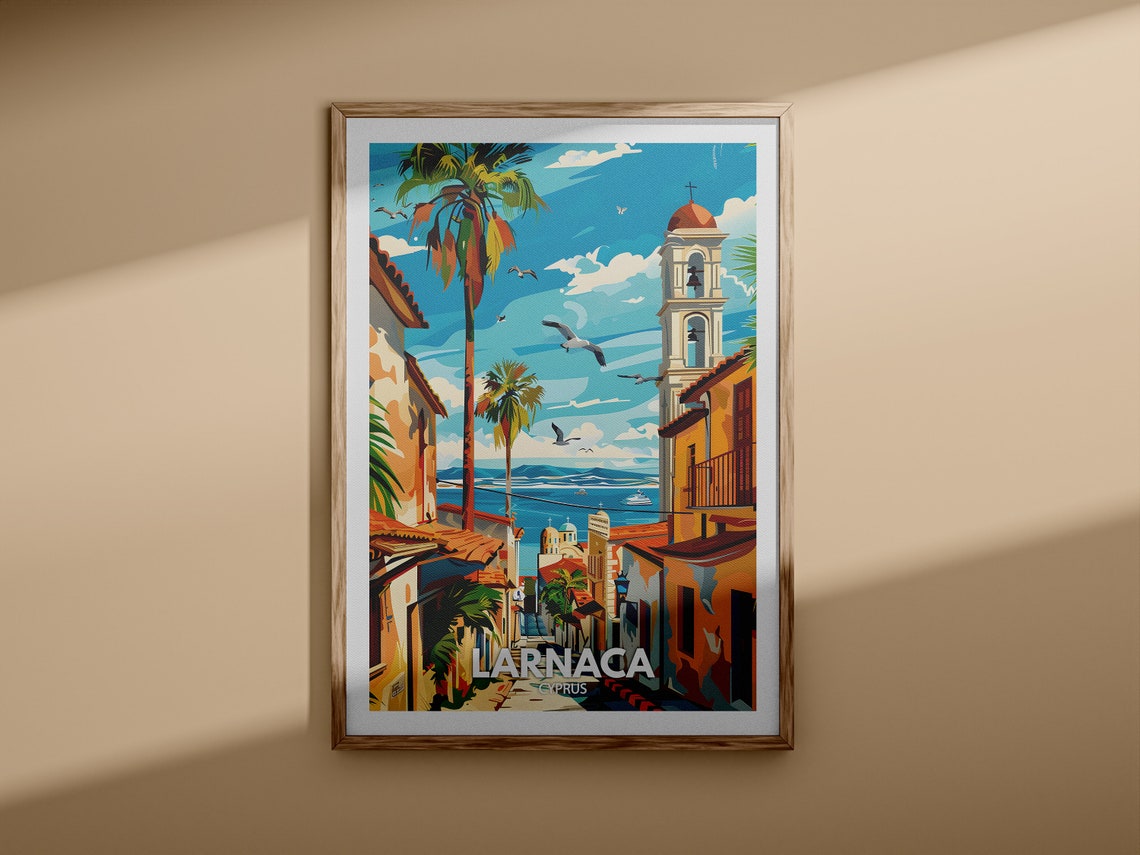 Larnaca Cyprus Old Town Church Tower Seaside Vintage Travel Poster - Image 3