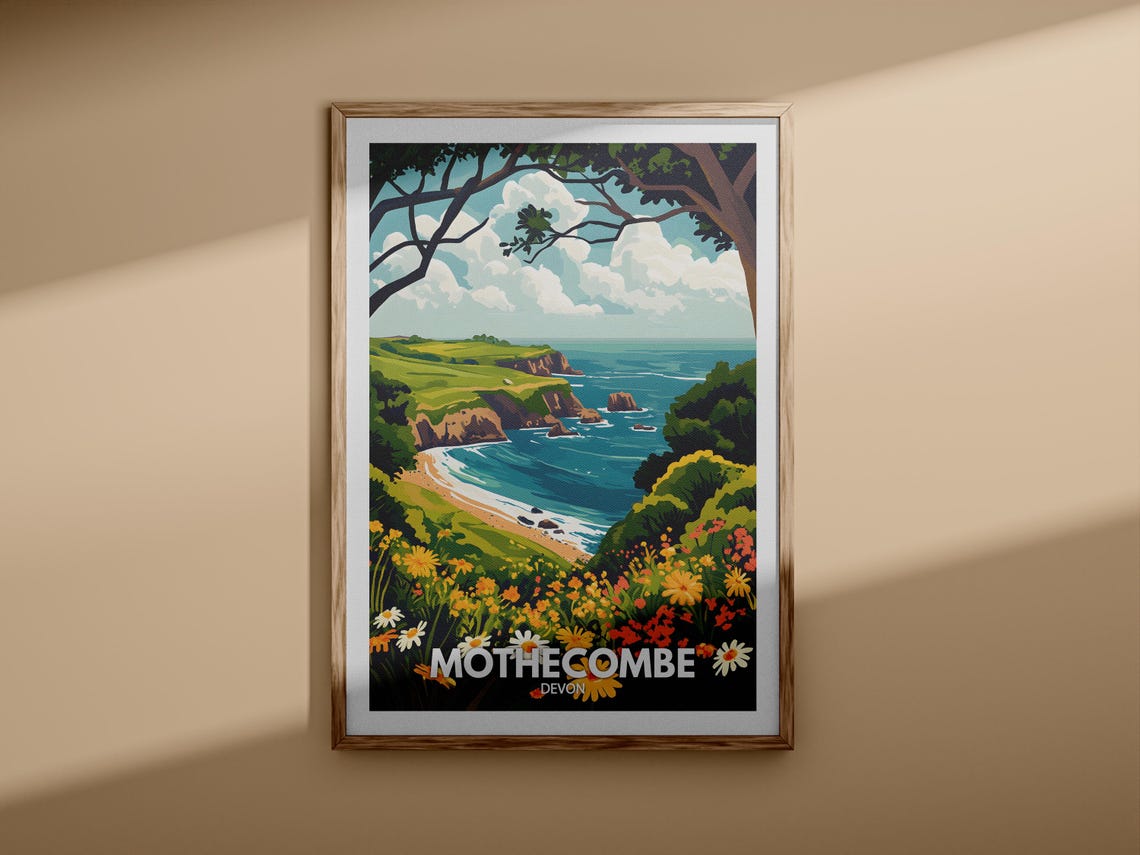 Mothecombe Devon Coastal Cliffs Flower Meadow Sea Travel Poster - Image 3