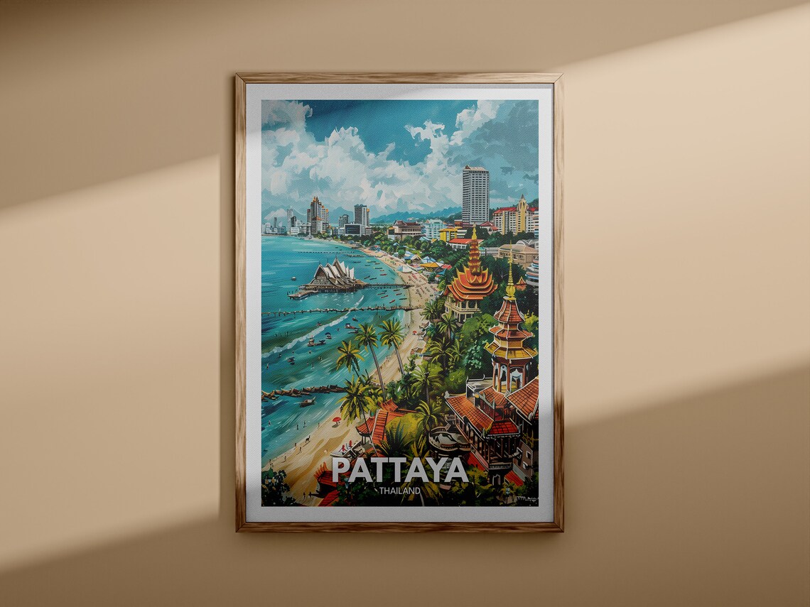 Pattaya Thailand Beachfront Aerial Golden Temples Travel Poster - Image 3