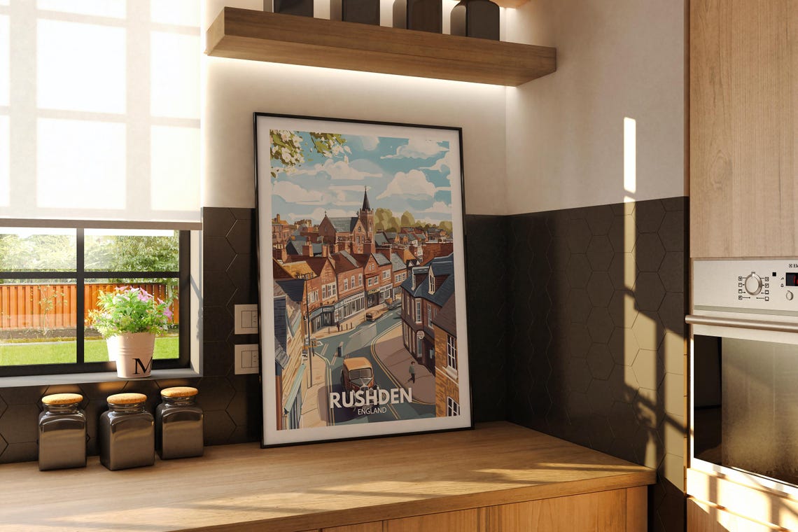 Rushden England Vintage Travel Poster Market Town Street Scene - Image 2