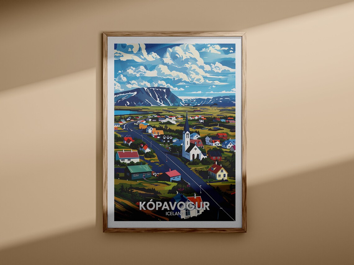 Kopavogur Iceland Church Town Street Aerial View Travel Poster - Image 3