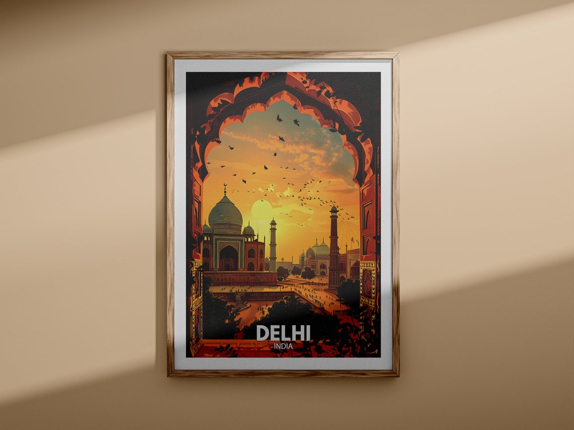 Delhi India Sunset Arch Red Sandstone Mughal Vintage Travel Poster - Image 3