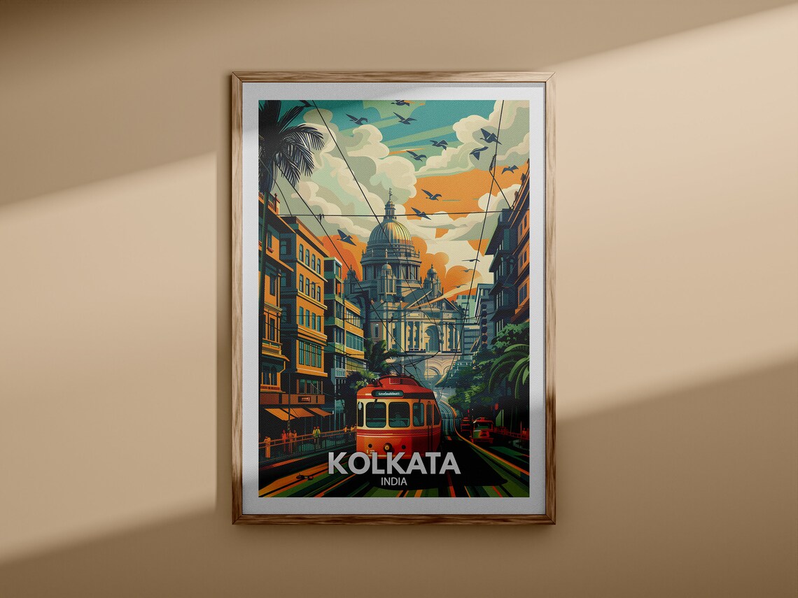 Kolkata India Red Tram Victoria Memorial Vintage Travel Poster - Image 3