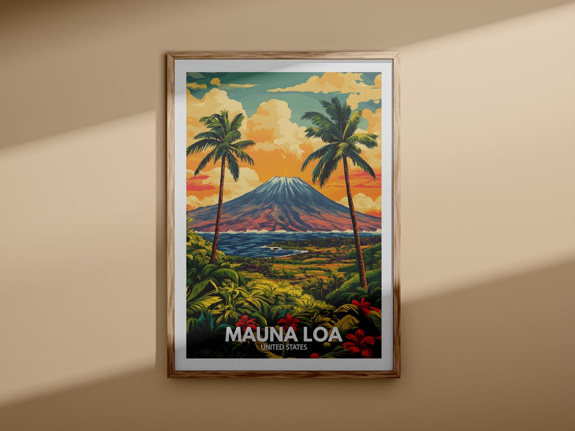 Mauna Loa Hawaii Volcano Palm Tree Coast Tropical Travel Poster - Image 3