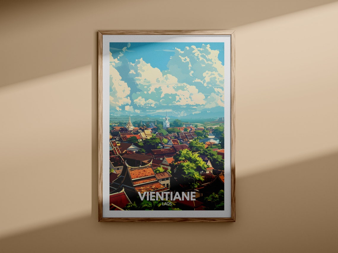 Vientiane Laos Travel Poster Temple Rooftops Dramatic Clouds Cityscape - Image 3