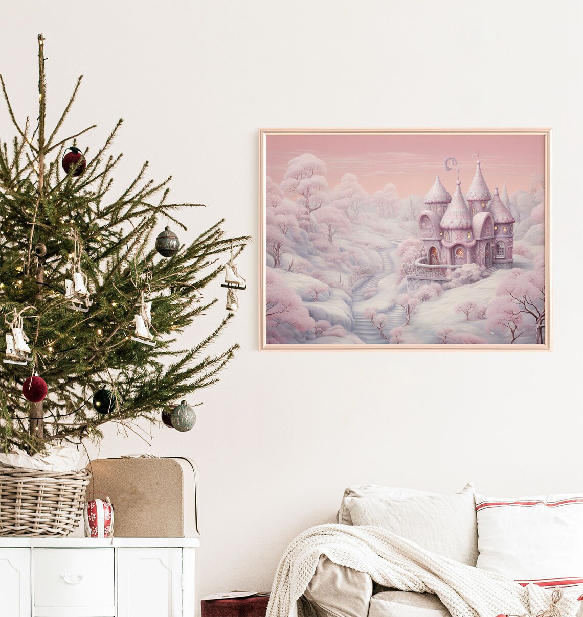 Pink Fantasy Castle Winter Christmas Wonderland Scene Poster - Image 3