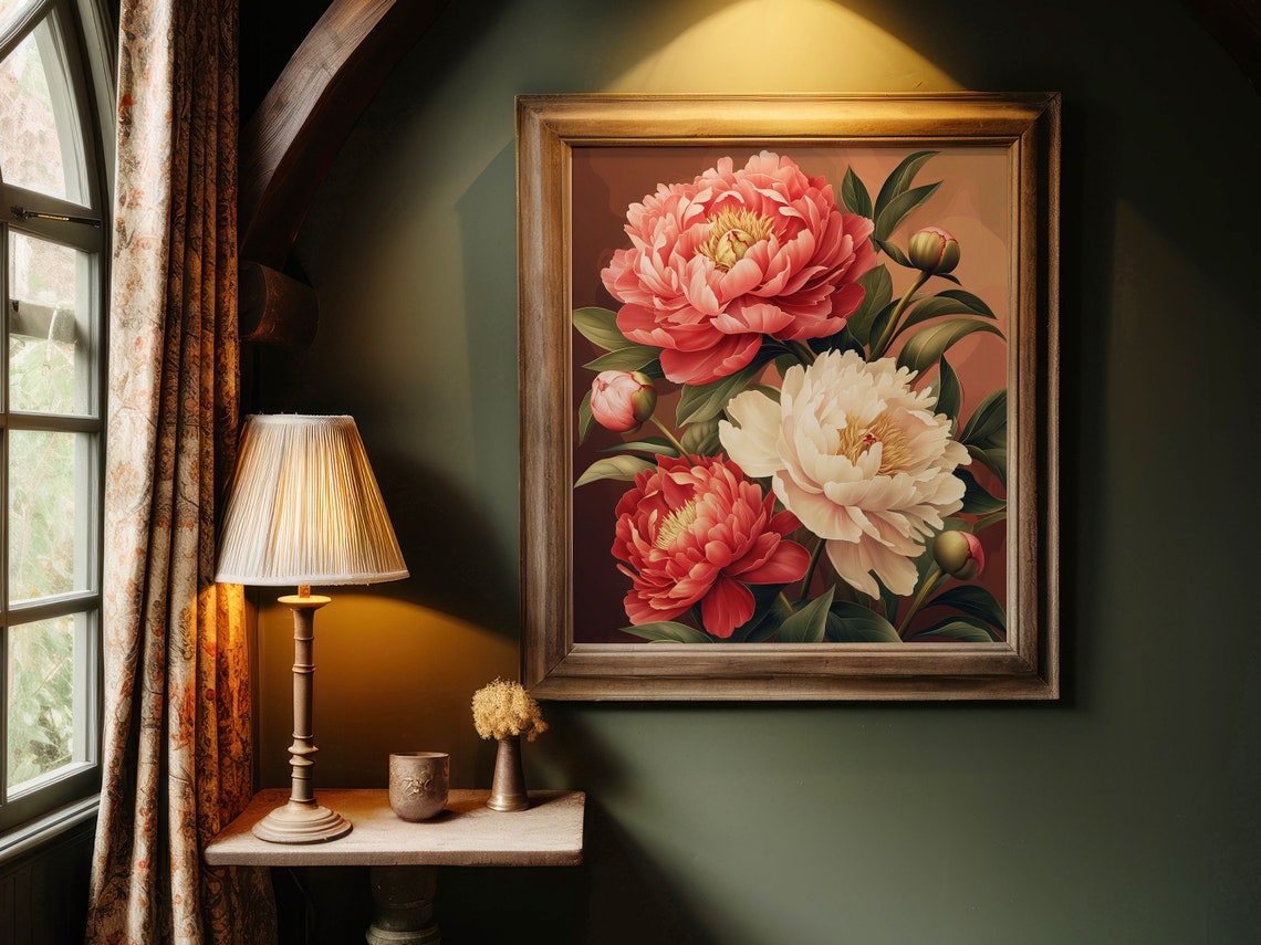 Peony Blooms Buds Warm Copper Background Vintage Botanical Poster - Image 2