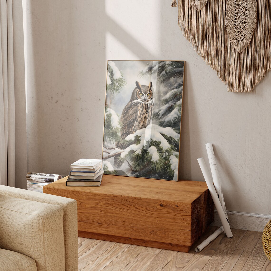 Great Horned Owl Snowy Pine Forest Winter Wildlife Art Print - Image 6