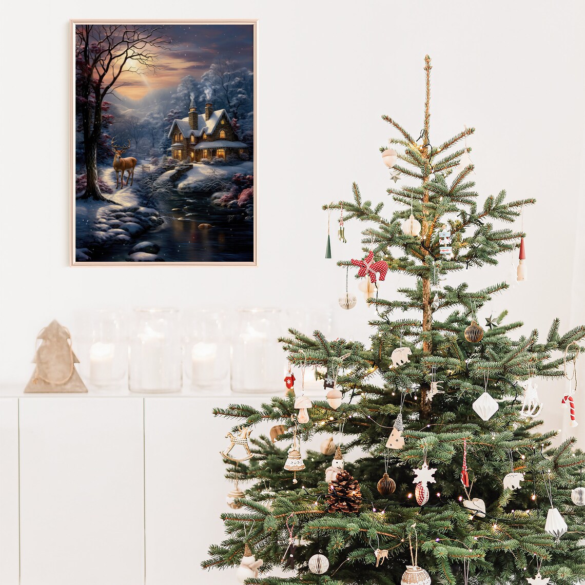 Stag By Moonlit River Near Lit Stone Cottage Winter Night Poster - Image 2