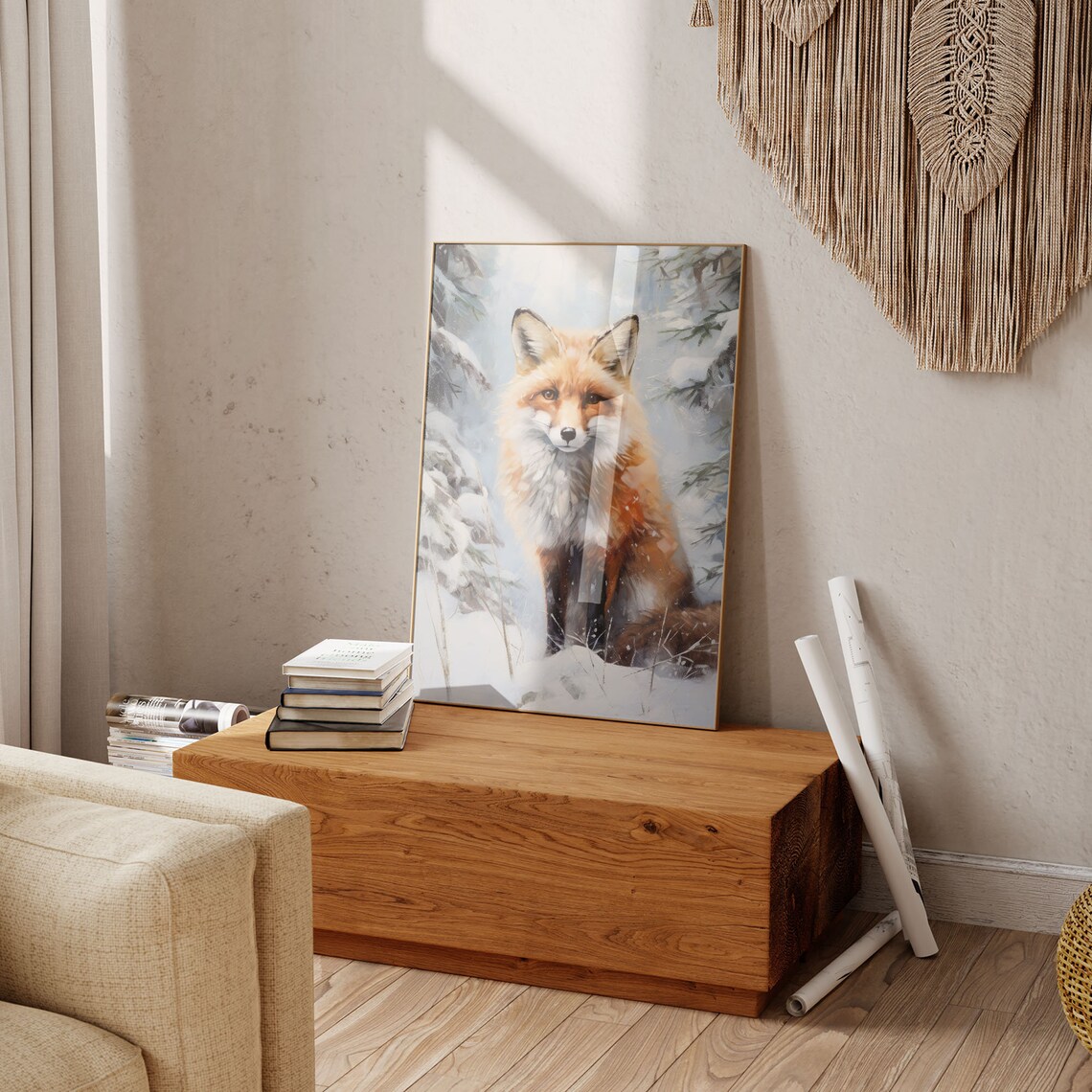 Red Fox Sitting in a Snowy Fir Forest Watercolor Animal Art Print - Image 5